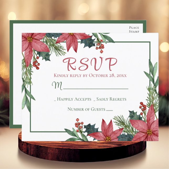 Poinsettia Red Winter Wedding Christmas RSVP Postcard (Creator Uploaded)