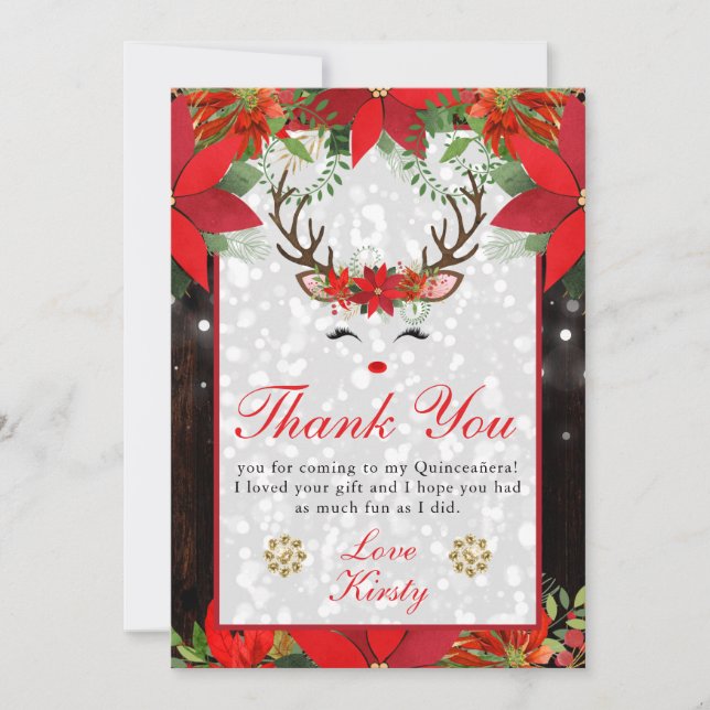 Poinsettia Reindeer Christmas Quinceañera  Thank You Card (Front)