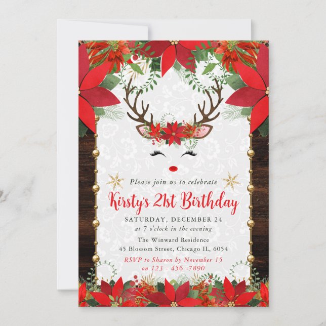 Poinsettia & Reindeer Face Christmas Birthday Invitation (Front)