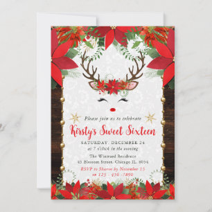 Poinsettia & Reindeer Face Christmas Sweet 16 Invitation