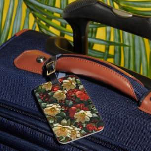 Poinsettia, retro red and green flowers luggage tag