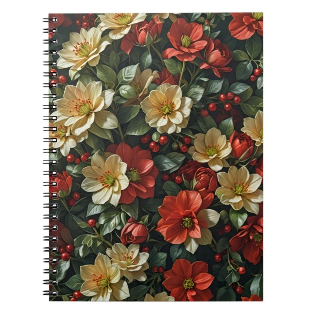 Poinsettia, retro red and green flowers notebook (Front)