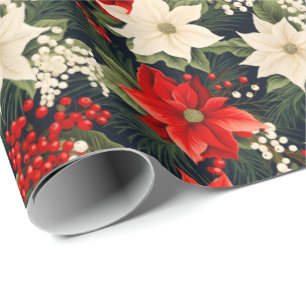 Poinsettia Rich Reds & Cream Pretty Christmas Roll Wrapping Paper