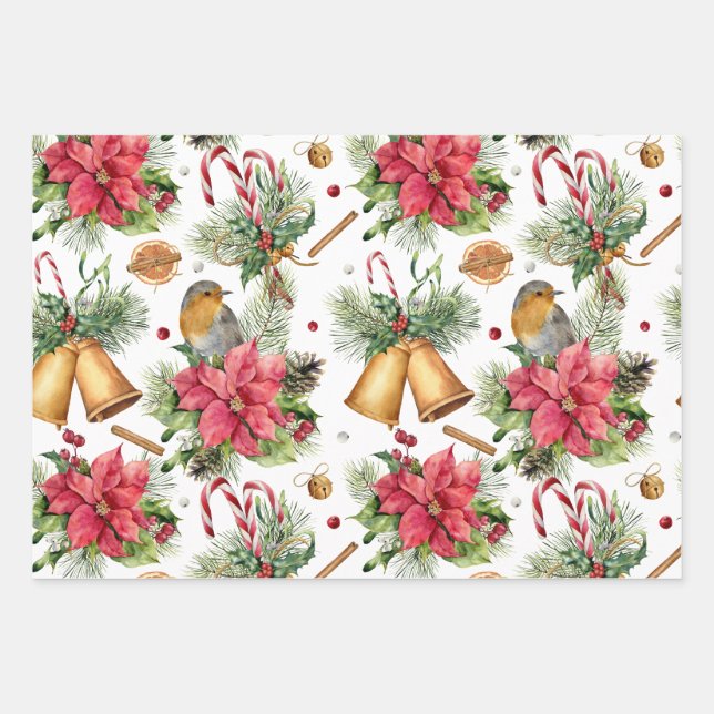 Poinsettia, robin, bells, candles, red berry wrapping paper sheet (Front)