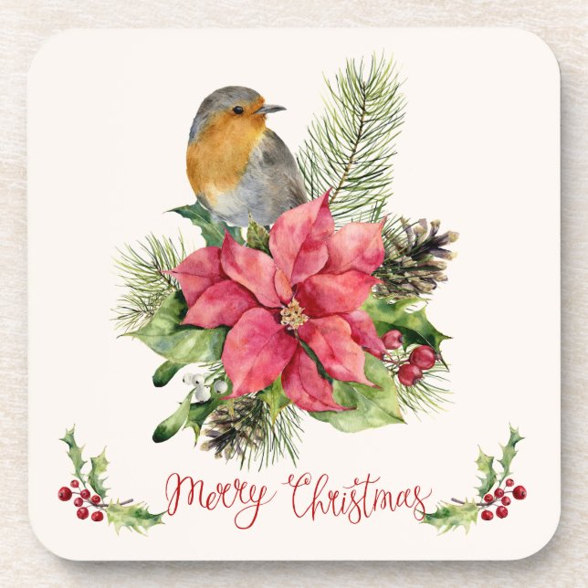 Poinsettia, robin, holly, pine, cone Christmas Coaster (Front)