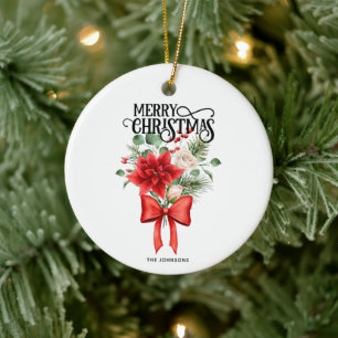 Poinsettia Roses Christmas Flower Bouquet Ceramic Ornament