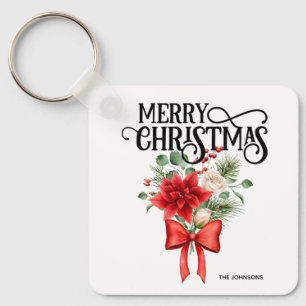 Poinsettia Roses Christmas Flower Bouquet Key Ring