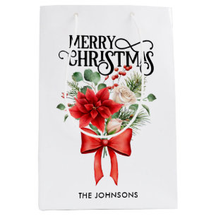 Poinsettia Roses Christmas Flower Bouquet Medium Gift Bag
