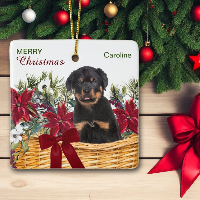 Poinsettia Rottweiler Puppy Christmas Basket Ceramic Ornament (Creator Uploaded)
