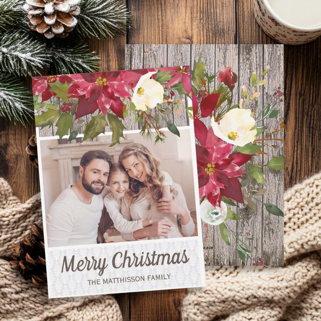 Poinsettia Rustic Wood Lace Photo Merry Christmas Holiday Card (Poinsettias and rustic wood Christmas photo greeting card)