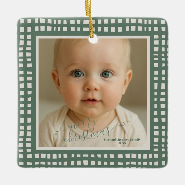 Poinsettia Sage Green Ivory Christmas two Photo Ceramic Ornament (Front)