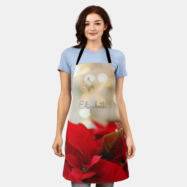 Poinsettia, Shiny Gold Snowflakes- Personalised  Apron (Worn)