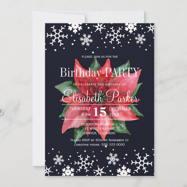 Poinsettia snowflakes dark blue birthday party invitation (Front)