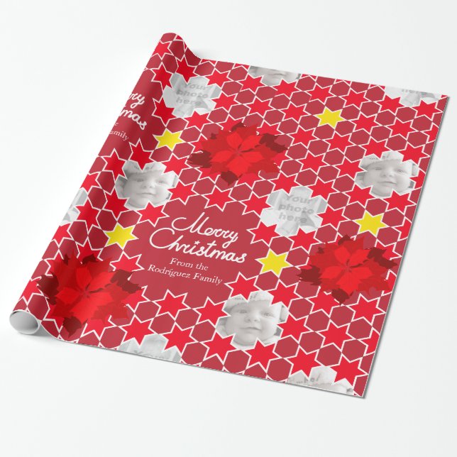 Poinsettia Star pattern red Christmas family photo Wrapping Paper (Unrolled)
