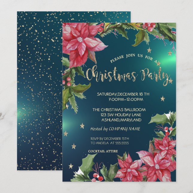Poinsettia, Stars Green Company Christmas Party Invitation (Front/Back)