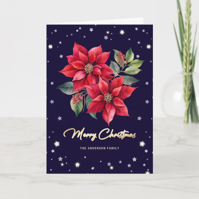 Poinsettia Stars Purple Photo Merry Christmas Card (Front)