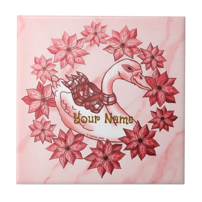 Poinsettia Swan Ceramic Tile (Front)