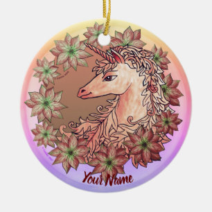 Poinsettia Unicorn Ceramic Ornament