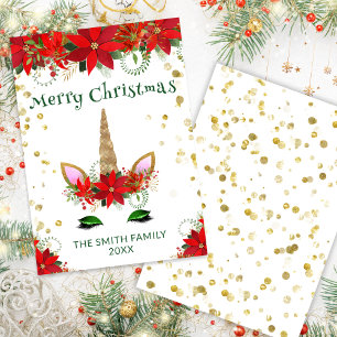 Poinsettia Unicorn with Green Christmas Card