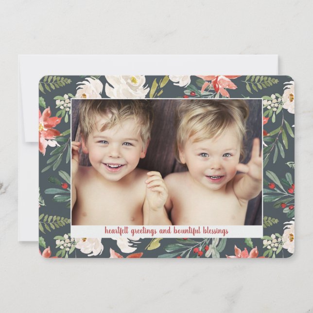 Poinsettia Watercolor 3 Photo Christmas Holiday Card (Front)