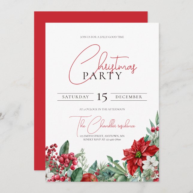 Poinsettia Watercolor Christmas Party Invitation (Front/Back)