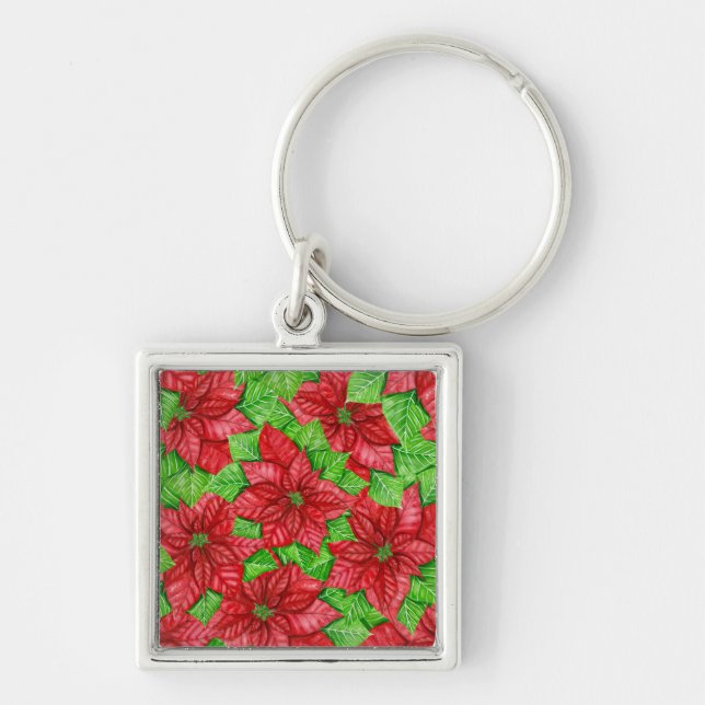 Poinsettia watercolor Christmas pattern Key Ring (Front)