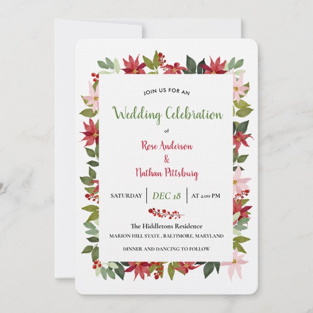 Poinsettia Watercolor Christmas Wedding Invitation (Front)