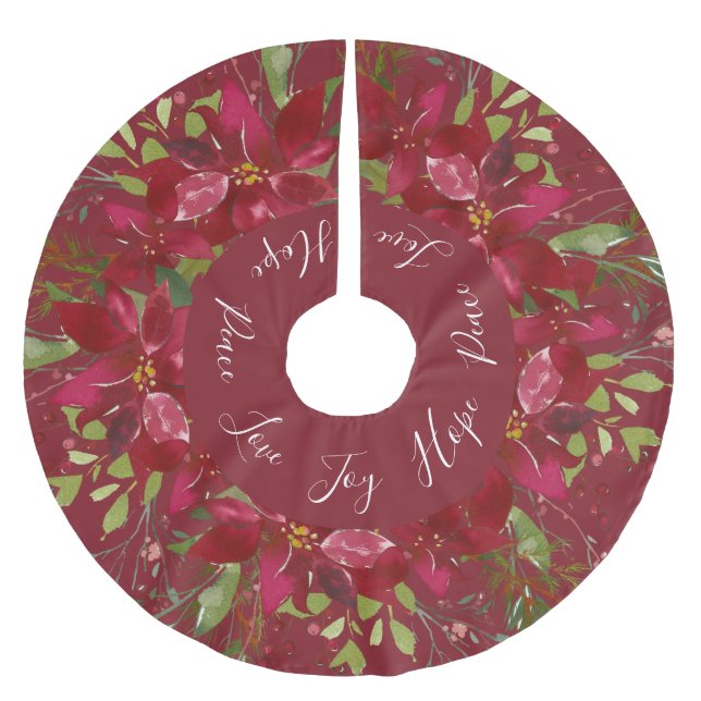 Poinsettia Watercolor Floral Burgundy Brushed Polyester Tree Skirt (Front)