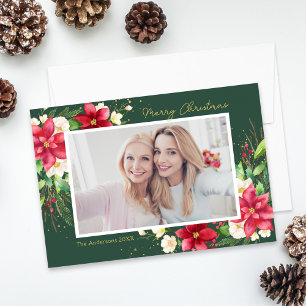 Poinsettia Watercolor Floral Green Photo Holiday Card