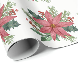 Poinsettia Watercolor Winter Red Floral Christmas Wrapping Paper