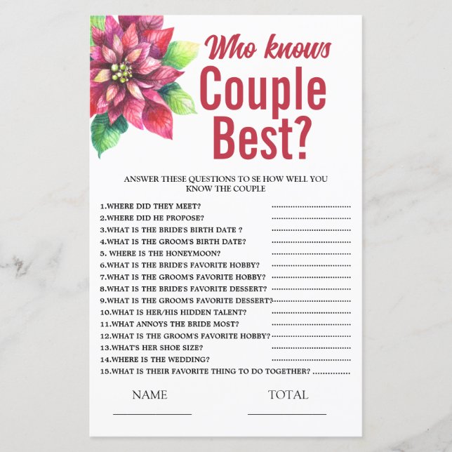 Poinsettia Who knows Couple  Bridal Shower Game (Front)