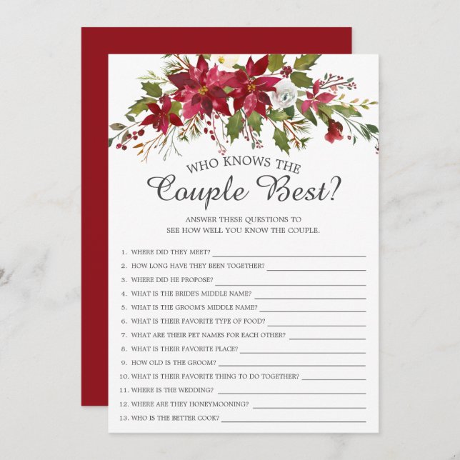Poinsettia Who Knows the Couple Best Bridal Game Invitation (Front/Back)