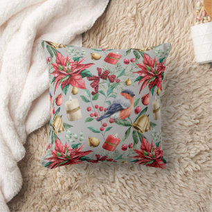 Poinsettia Winter Bird Holiday Pattern Cushion