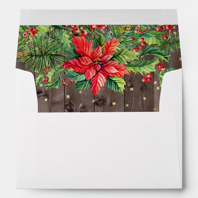 Poinsettia Wood Confetti Christmas Return Address Envelope (Back (Bottom))