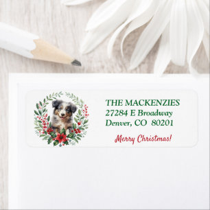 Poinsettia Wreath Aussie Puppy Return Address Label