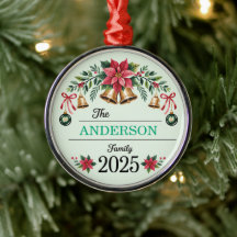 Poinsettia Wreath Bells Family Name 2025 Christmas