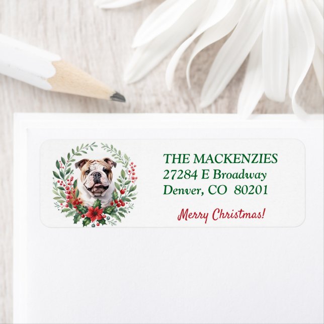 Poinsettia Wreath Bulldog Holiday Return Address Label (Insitu)