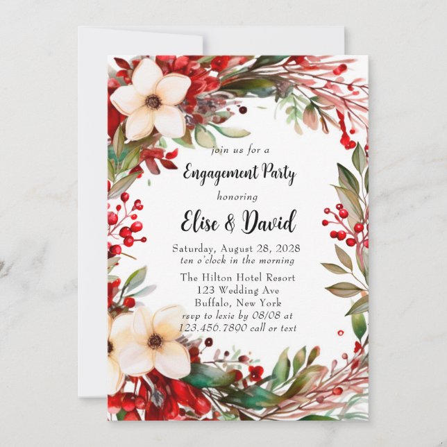 Poinsettia Wreath Christmas Engagement Party Invitation (Front)