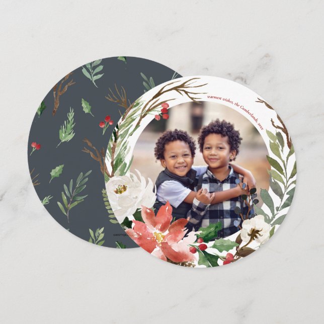 Poinsettia Wreath Christmas Holiday Photo Card (Front/Back)