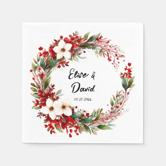 Poinsettia Wreath Christmas Wedding Napkin (Front)