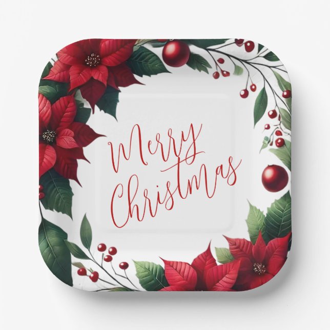 Poinsettia Wreath – Elegant Christmas Florals Paper Plate (Front)