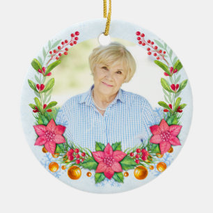 Poinsettia Wreath Photo Memorial Christmas Ceramic Ornament