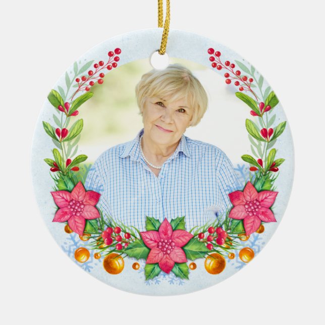 Poinsettia Wreath Photo Memorial Christmas Ceramic Ornament (Front)