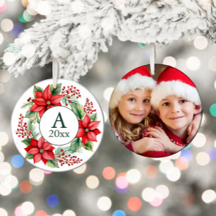 Poinsettia Wreath Photo Monogram Year  Ceramic Ornament