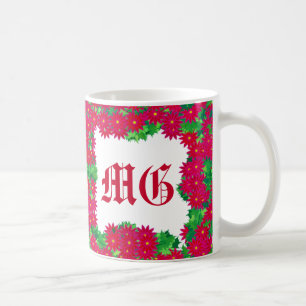 Poinsettia Wreath with Monogram, Red and Green Cof Coffee Mug