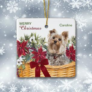 Poinsettia Yorkie Terrier Christmas Basket Ceramic Ceramic Ornament