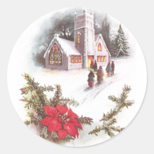 Poinsettias and Country Church Vintage Christmas Classic Round Sticker