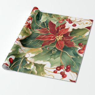 poinsettias and holly wrapping paper