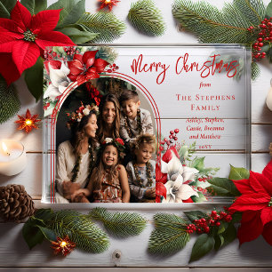 Poinsettias and Pine Arched Photo Merry Christmas  Acrylic Invitations