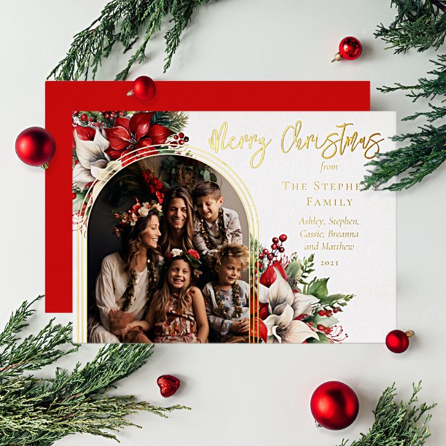 Poinsettias and Pine Arched Photo Merry Christmas Foil Holiday Card (Elegant modern red and white poinsettias, berries and holiday greenery arched photo gold foil design)